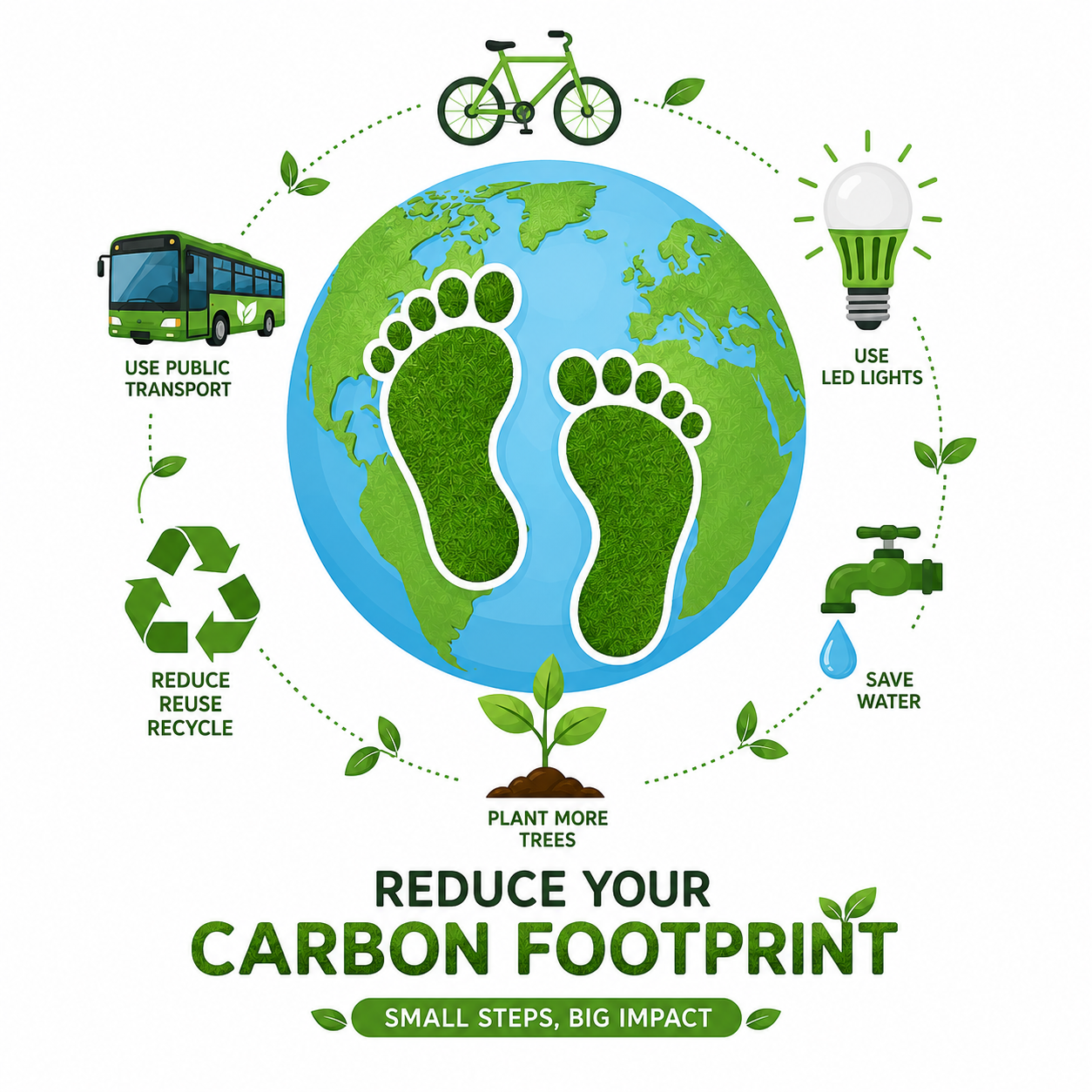 Reducing carbon footprint — Earth with green footprints and eco-friendly icons