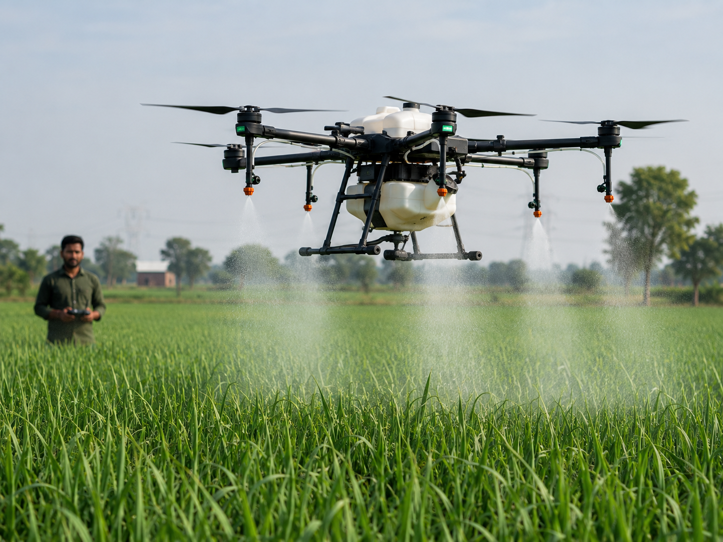 Agricultural drone spraying fertiliser over green crop field in India
