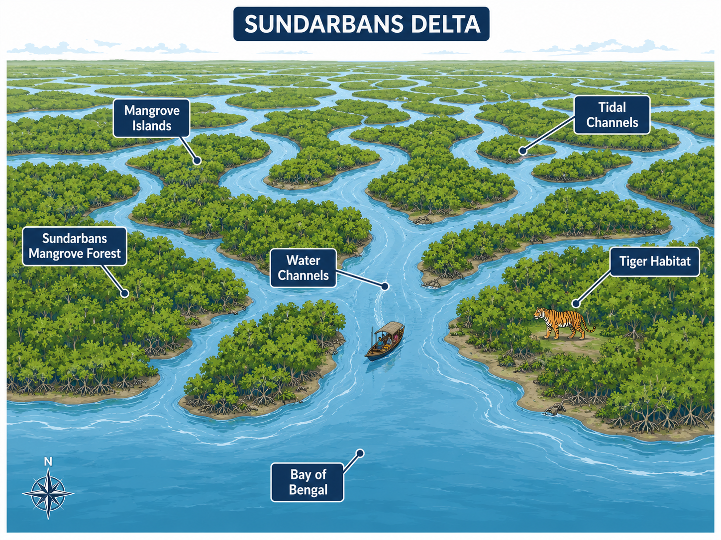 Aerial view of the Sundarbans delta with mangrove islands and water channels