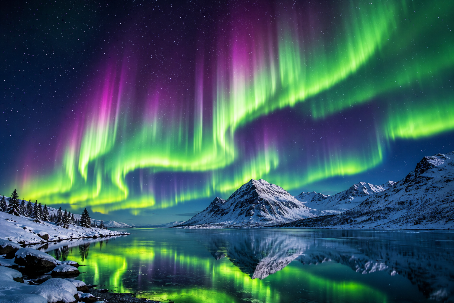 Aurora — green and purple lights in the polar night sky