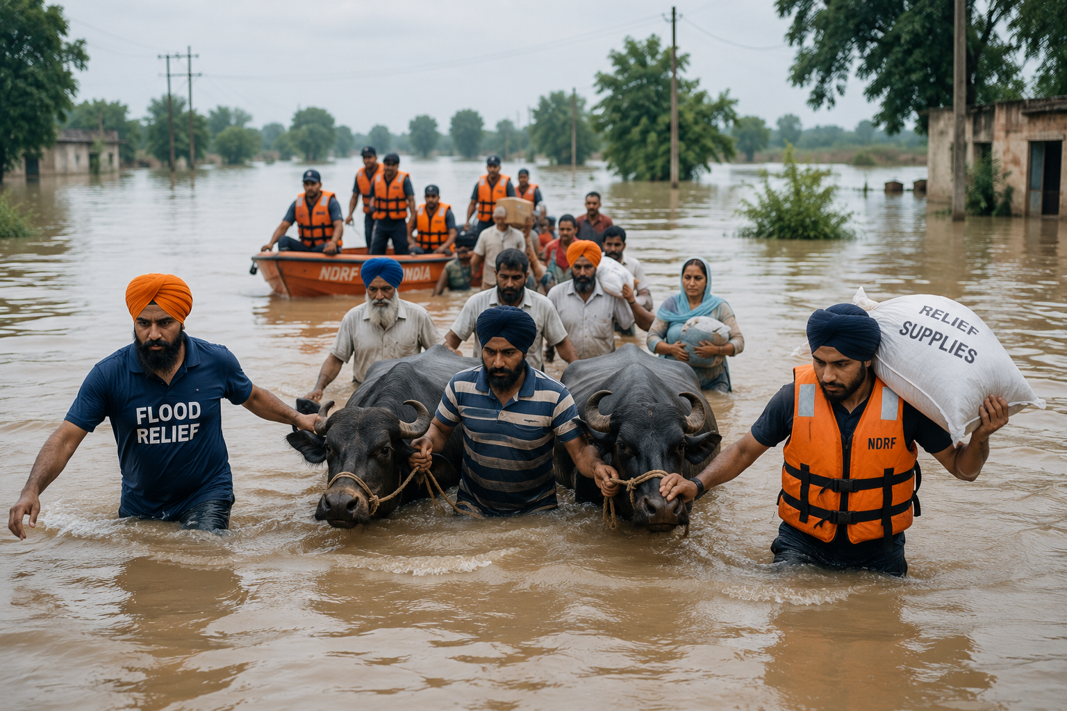 Relief operations during the Punjab floods — people wading with cattle