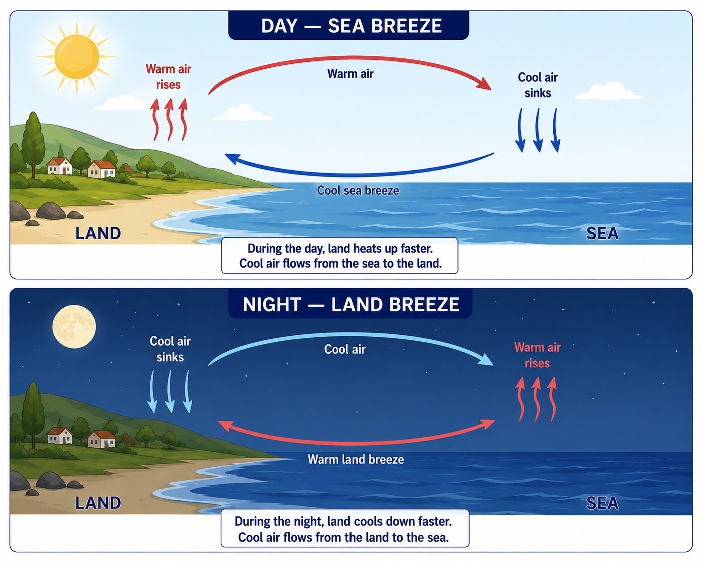 Land and sea breeze — day and night circulation diagram