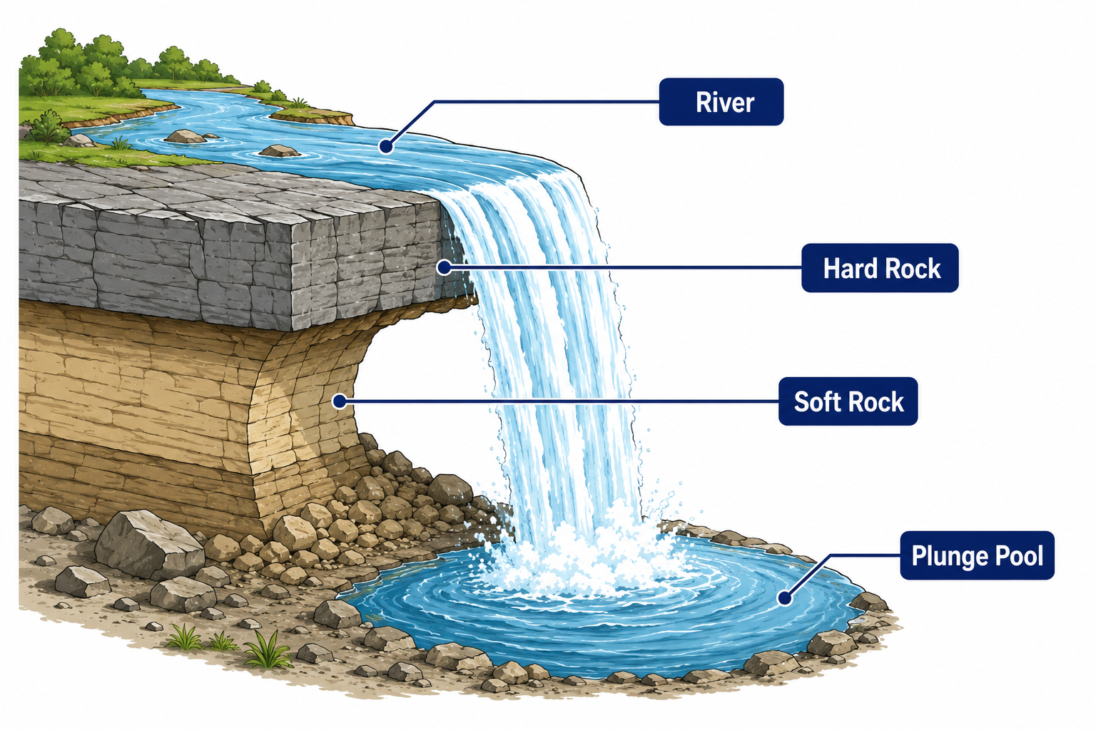 Labeled diagram of a waterfall showing hard rock, soft rock and plunge pool