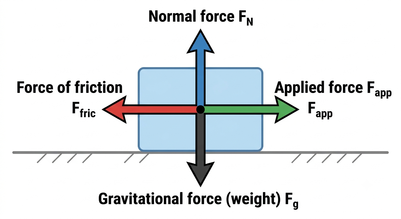 Forces acting on an object - applied, friction, normal, gravitational