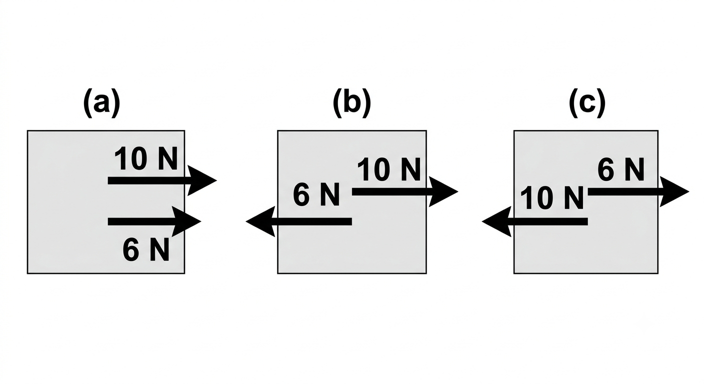 Two forces acting on a block in three cases