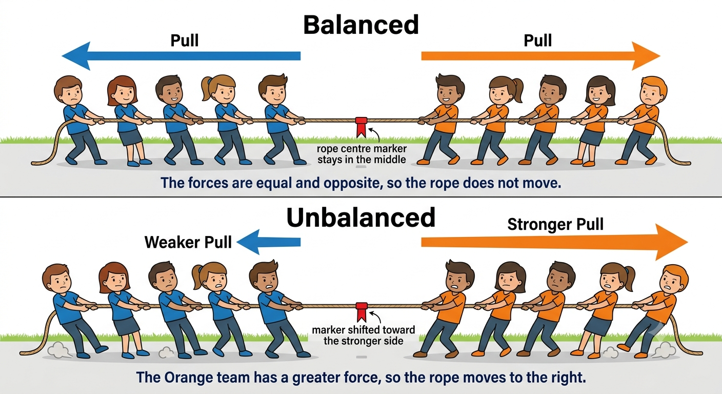 Tug of war showing balanced and unbalanced forces