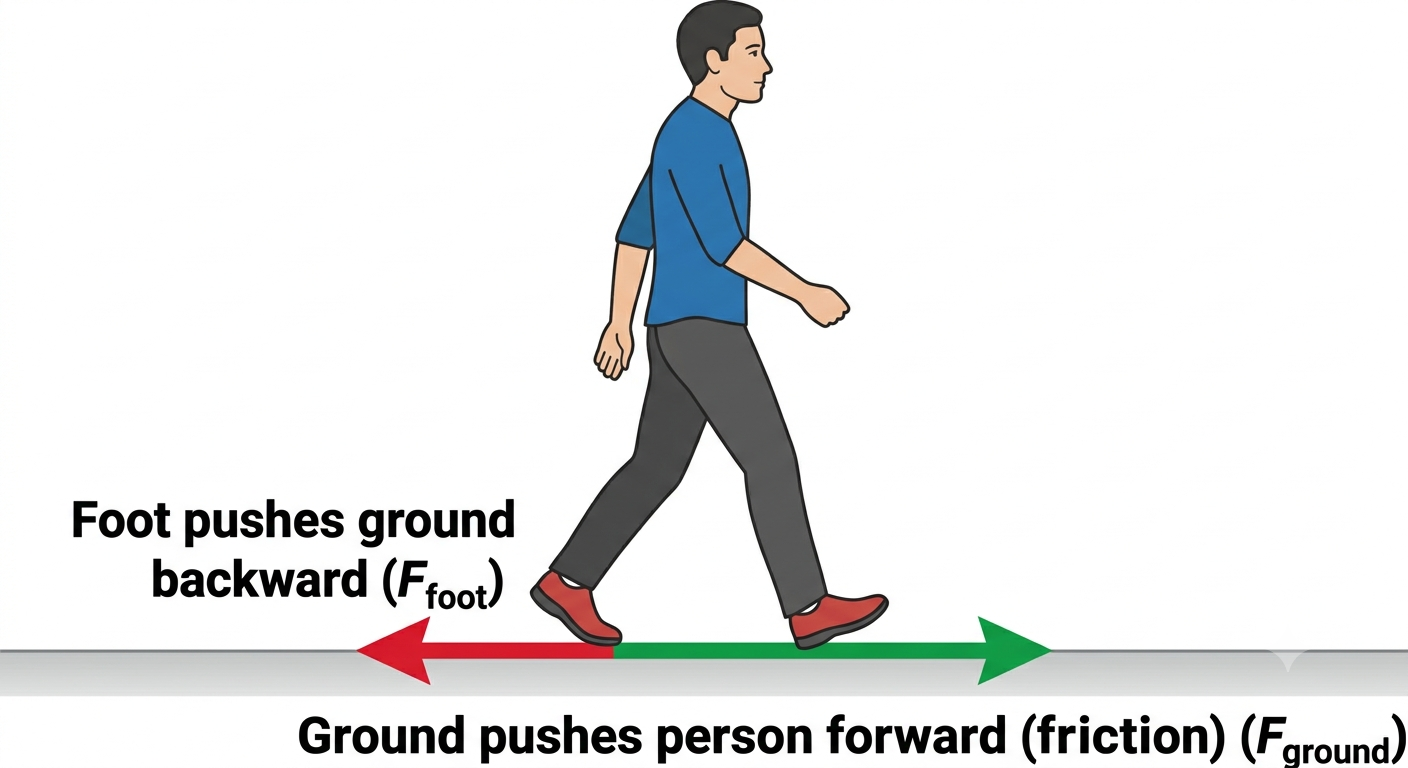 Walking - foot pushes ground back, ground pushes person forward
