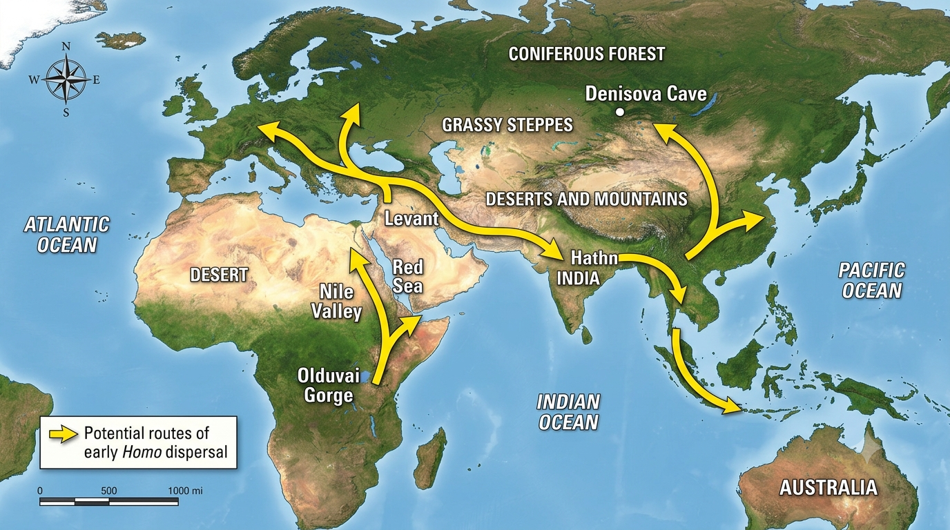 Map showing early dispersal of Homo erectus out of Africa around 2 million years ago
