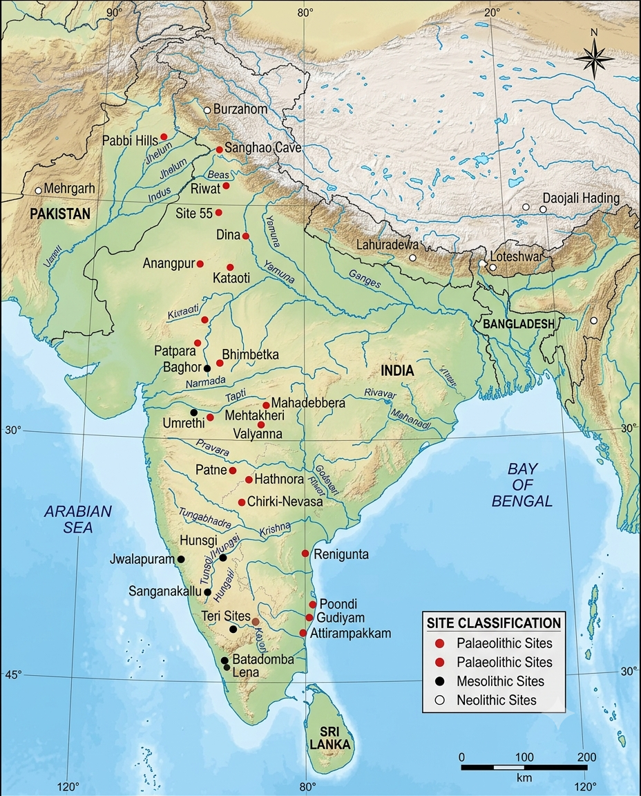Map showing major early human sites in the Indian subcontinent