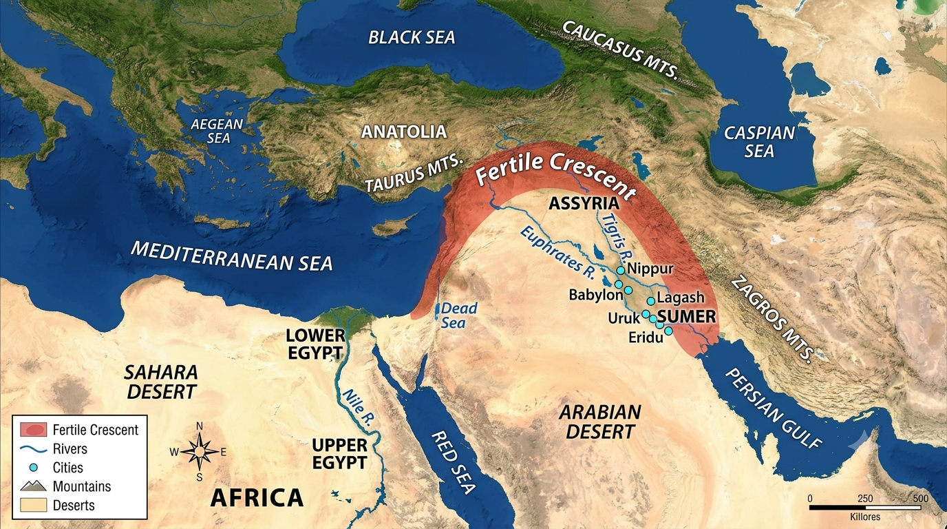 Map of the Fertile Crescent and the extent of the Mesopotamian civilisation