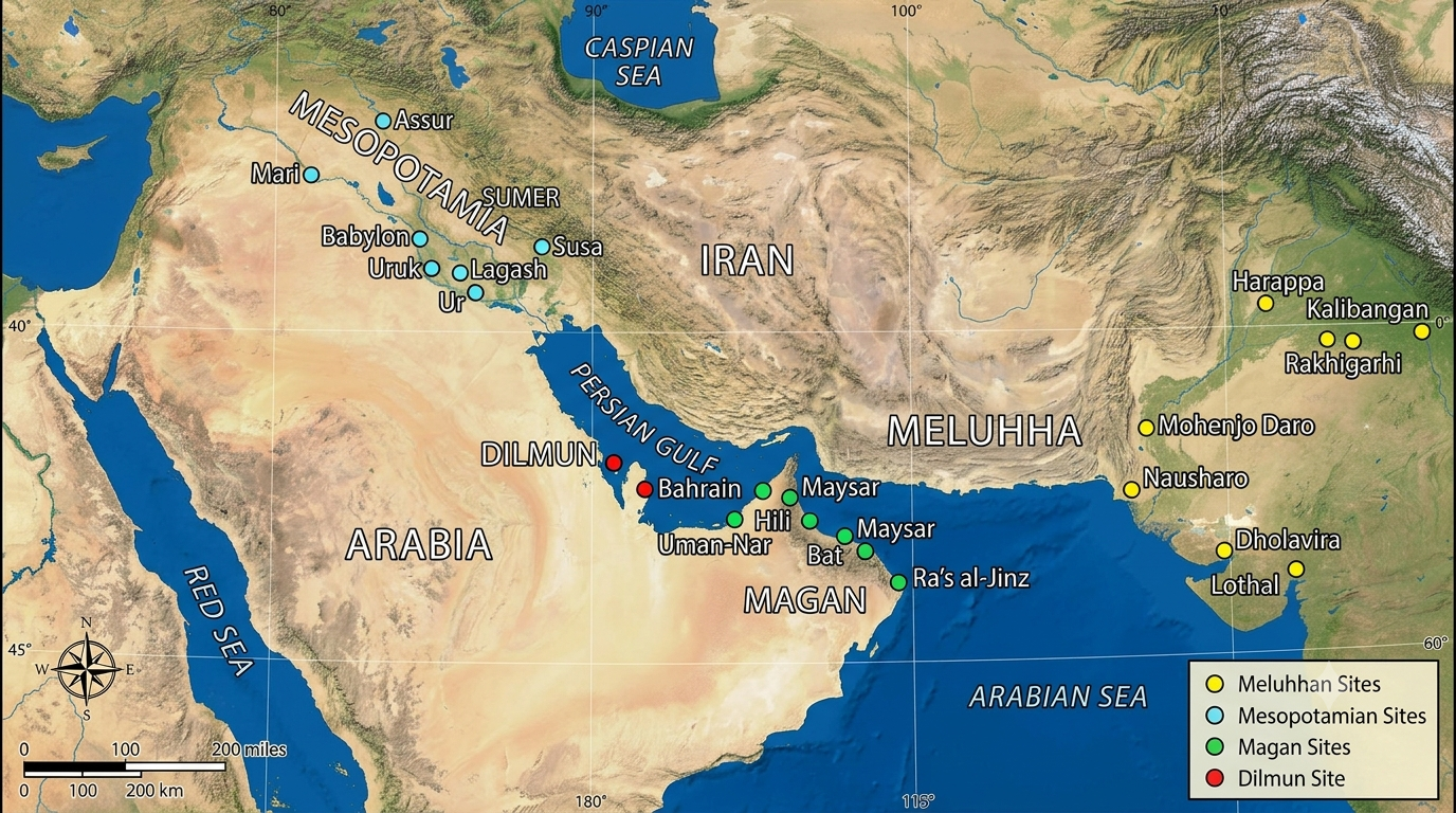 Map showing Harappan contact with Mesopotamian cities and the sites of Magan and Dilmun