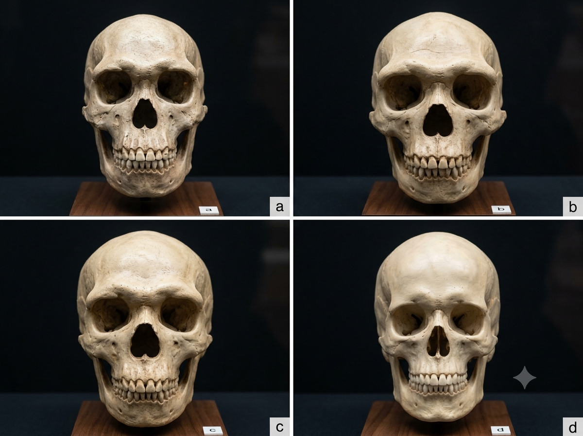 Skulls of early humans and modern humans showing evolutionary sequence from Homo habilis to Homo sapiens