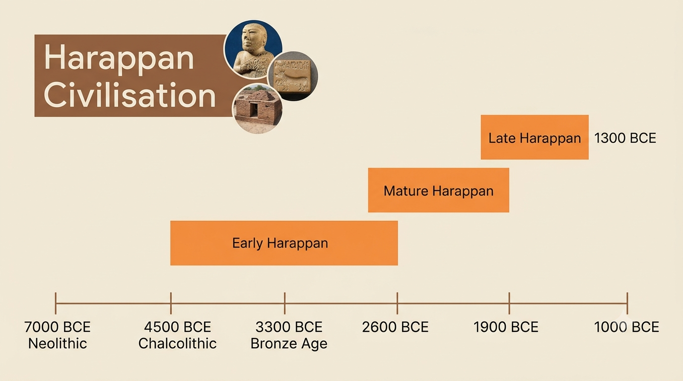 Timeline showing the Harappan Civilisation from Neolithic to Late Harappan