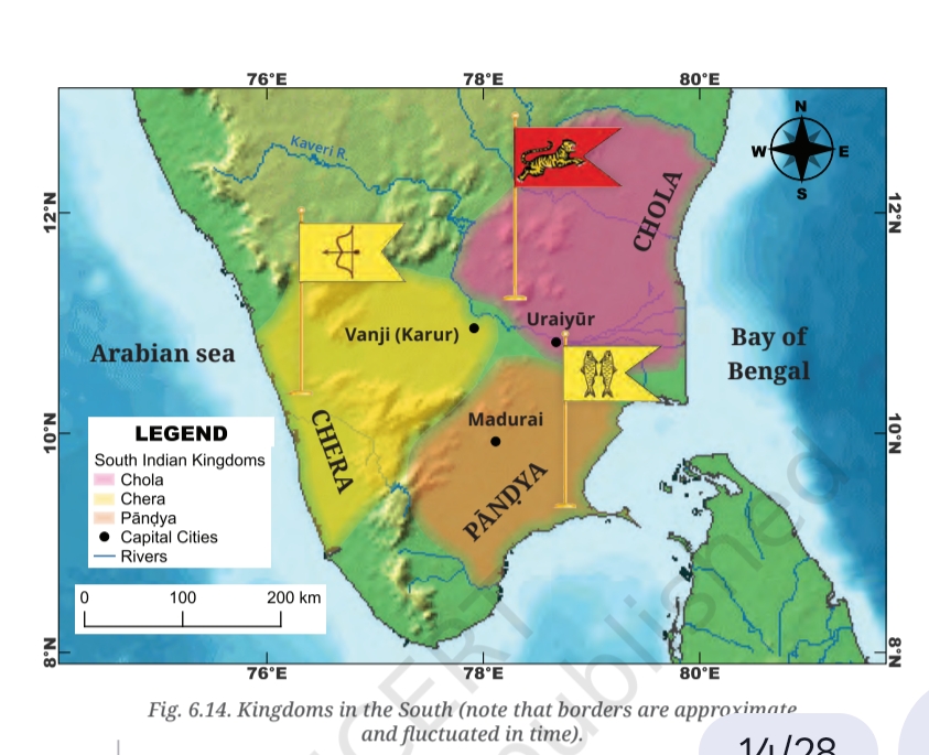 Map of the Chola, Chera and Pandya kingdoms in south India with their emblems